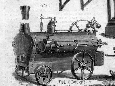 Zemědělský stroj: lokomotiva představená na zemědělské soutěži v Paříži v roce 1860. Rytina v „“ Le Monde Illustré““ č. 169 ze 7. července 1860. od French School