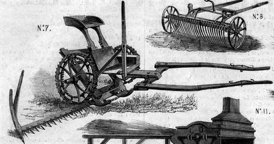 Zemědělský stroj: americká kombajnová sekačka představená na zemědělské soutěži v Paříži v roce 1860. Rytina v „“ Le Monde Illustré““ č. 169 ze 7. července 1860. od French School