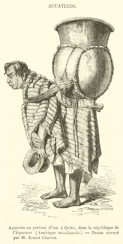Aguatero nebo Water Carrier v Qnito, Ekvádorská republika, Jižní Amerika (rytina) od French School