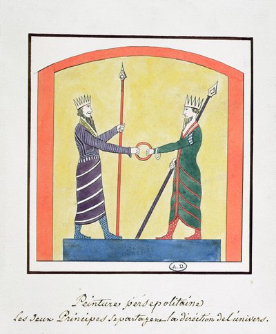 Ahura Mazda a Angra Mainyu se přou o svět, kopie vlysu z Persepolis od French School