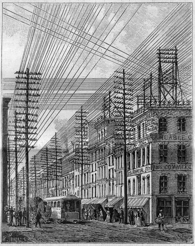 Vzduchové elektrické dráty, ve Philadelphii (Spojené státy), roh Chestnut street a třetí ulice. Gravírování v „“ La Nature. Revue des sciences et de ses applications aux arts et a l