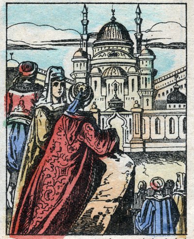 Aladin si přeje, aby Genie postavil přepychový palác naproti sultánovu paláci. Rytina příběhu Tisíce a jedné noci „“Aladin a báječná lampa““. Epinal imaging, konec 19. století. Soukromá sbírka. od French School