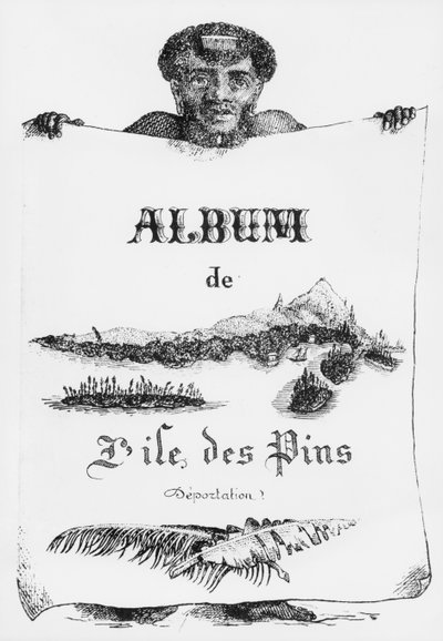 Album of the Isle of Pines, Nová Kaledonie, deportace, ilustrace přední obálky, 1877 (bw litho) od French School