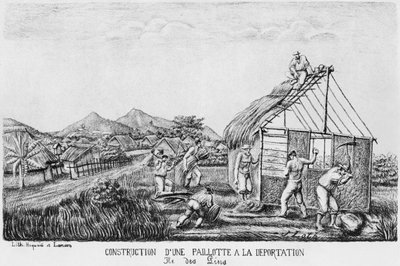 Album of the Isle of Pines, stavba slaměné chýše deportovanými, 1878-79 od French School
