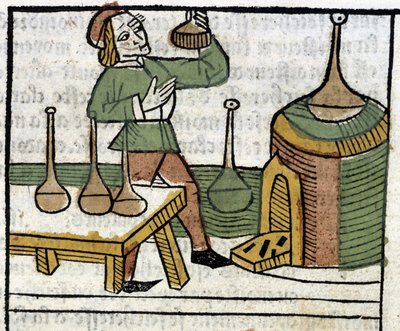 Alchymista - v „Vlastníci věcí tělesných i duchovních“ (kniha XVIII) od Glanville, Lyon od French School