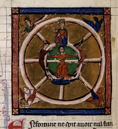 Alexander III Veliký (356-323 př.nl) sedící na kole Štěstěny obklopuje Tetramorfa. Miniatura rukopisu „Histoire ancienne à la Cesar“, kolem 1260-1270, napsaného úředníkem ve službách dvora Rogera IV., Chatelainem z Lille (120 od French School