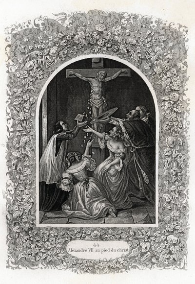 Alexander VII (Alexander nebo Alessandro) (papež 1655 až 1667) u nohou Krista. Rytina k ilustraci Histoire des Popes od Maurice Lachatre (1814-1900), librairie du progres, Paříž. od French School
