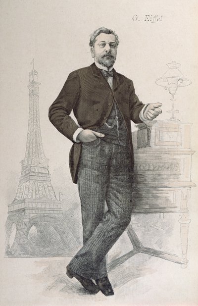 Alexandre Gustave Eiffel pózující u svého stolu s kresbou Tour Eiffel, ilustrace z La Revue Illustree, 1888 od French School