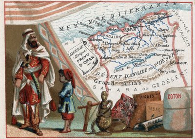 Alžírsko v Africe a provincie Oran, Francie. Seriál o francouzských departementech. Dovoz fíků, bavlny, tabáku, agathe a olova. Chromolitografie (Chromo) „“geografické vlákno“, kolem roku 1920. Soukromá sbírka. od French School