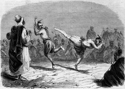 Alžírský zvyk: arabský tanec. Kresba pana Riga podle náčrtu pana Amelera, velitele praporu. Rytina v „“ Le Monde Illustré““ č. 86 z 11. prosince 1858. od French School
