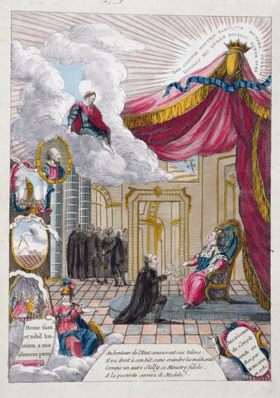 Alegorie zprávy dané Ludvíku XVI. (1754-93) Jacquesem Neckerem (1732-1804) v roce 1781 (barevná rytina) od French School