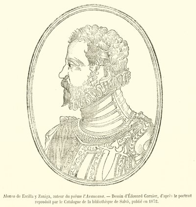 Alonso de Ercilla y Zuniga, autor básně Araucana (rytina) od French School