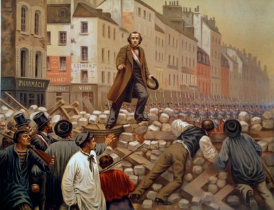 Alphonse Baudin (1811-1851) na barikádě Faubourg Saint Antoine 3. 12. 1851 během státního převratu Ludvíka Napoleona III. (Ludvíka Napoleona Bonaparta) Rytina z roku 1851 od French School