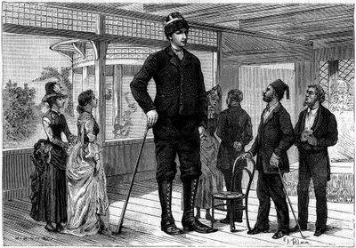 Amanab (nebo Auvassab, vlastním jménem Amenates Tingitsoglu 1868-1887), řecký obr měřící 2,36 metru, točící se kolem evropských metropolí, který inspiroval obra v příběhu „Vůle výstředníka“ od Julese Verna (1828-1905) ). Gravírování v „“ La Na od French School
