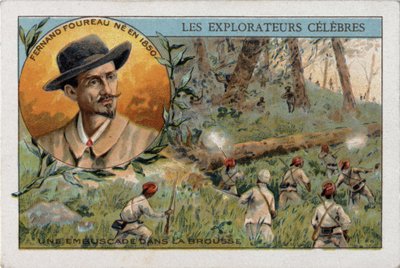 Přepadení v africké buši během expedice francouzského průzkumníka Frenanda Fourreaua (1850 - 1914). Chromolitografie 19. století. od French School