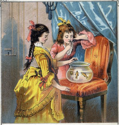 Amelie a Emma mají ve sklenici dvě krásné zlaté rybky. Krmí je rutinně. Chromolitografie z "" Scenes enfantines""" ed. Guerin - Muller kolem roku 1885. od French School