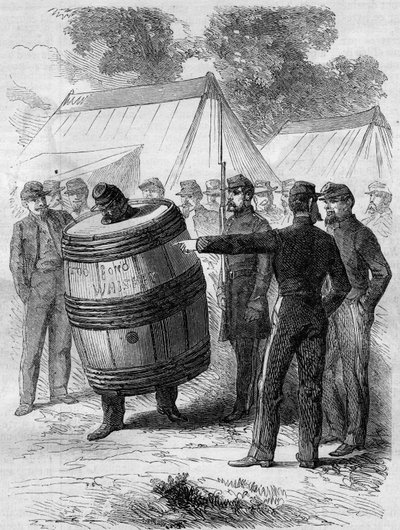 Americká občanská válka (1861-1865): potrestání opilého vojáka armády Konfederace. Má na sobě piercing do sudu a chodí po táboře pod zábavným pohledem ostatních vojáků. Rytina v „“ Le Monde Illustré““ č. 276 z 26. července 1862. od French School