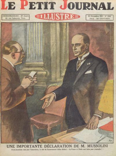 Důležitá deklarace Benita Mussoliniho (1883-1945) z Le Petit Journal, 25. prosince 1927 od French School