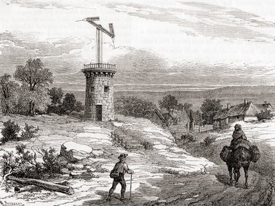 Letecká telegrafní pošta z 18. století z Les Merveilles de la Science, publikovaná kolem roku 1870 (rytina) od French School