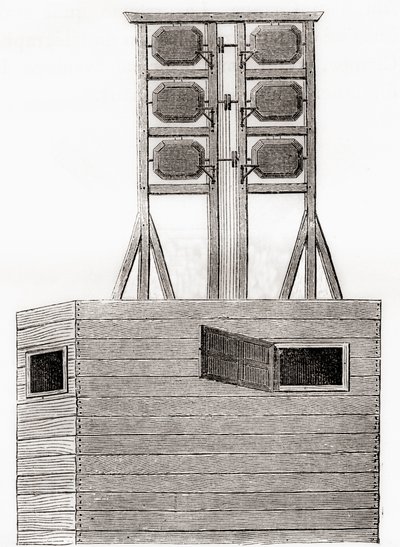 Systém leteckého telegrafu používaný v Anglii v 18. století, z Les Merveilles de la Science, publikovaný kolem roku 1870 (rytina) od French School