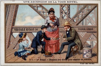 Výstup na Eiffelovu věž: nabírá síly v 1. patře - chromo. Liébig, deb. 20. století od French School