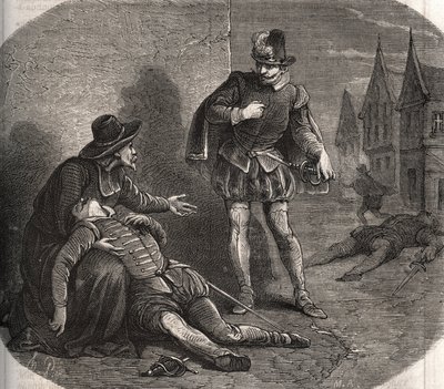 Vyslanec francouzského krále Jindřicha III. (1551-1589) byl nalezen umírající v ulicích Říma v roce 1582. Přinesl od krále kompromitující zprávu týkající se jeho sestry Marguerite de Valois (1553-1615), známé jako královna Margot. . Rytina z roku 1871 v „ od French School