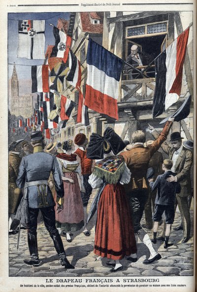 Starý francouzský voják v Němci okupovaném Štrasburku má povoleno vyvěšovat francouzskou vlajku – „Le Petit Journal“ 20. září 1908 (rytina) od French School