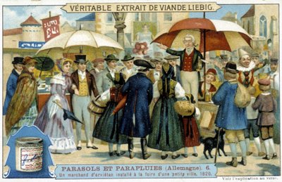 Orvietský obchodník (šarlatán) instalovaný na veletrhu v malém městě v Německu - Reklamní štítek Liébig, v.1900 od French School