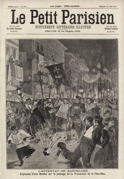 Anarchistický bombový útok na procesí Corpus Christi opouštějící kostel Santa Maria, Barcelona, Španělsko od French School