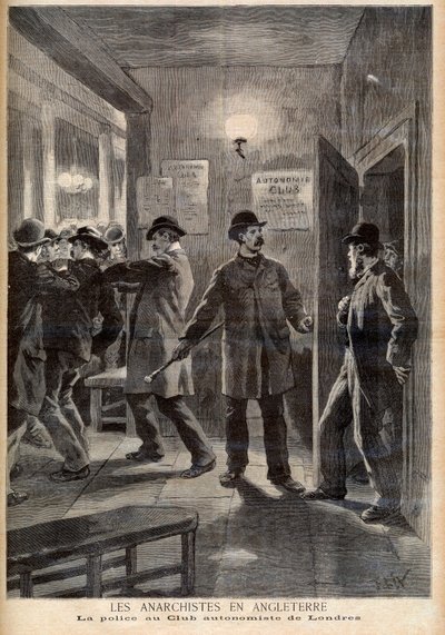 Anarchisté v Anglii. Policie provedla razii v Autonomy Club v Londýně. Anarchisté v Anglii. Policie v London Autonomist Club. Ilustrace pro Le petit Journal, 5. března 1894 od French School
