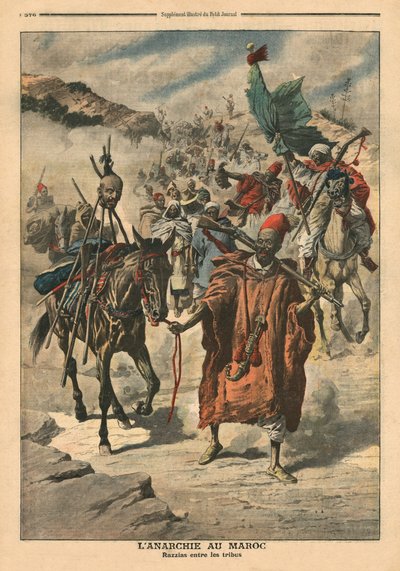 Anarchie v Maroku, plenění mezi kmeny, ilustrace z 