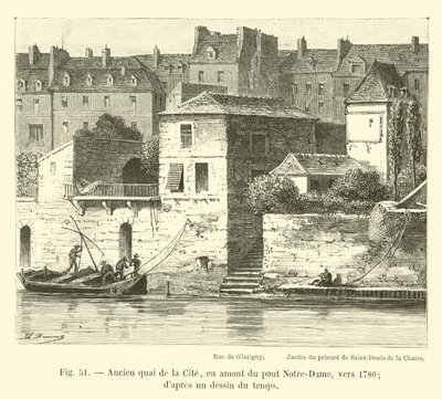 Bývalé nábřeží de la Cite, proti proudu od mostu Notre-Dame, kolem roku 1780; z dobové kresby od French School