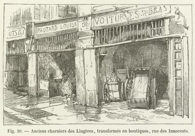 Bývalé hromadné hroby Lingeres, přeměněné na obchody, rue des Innocents od French School