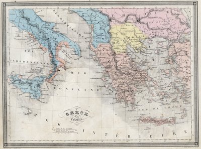 Starověké Řecko a jeho kolonie - Deska z „Univerzálního atlasu starověké a moderní geografie pro obytné školy“ od Vuillemina - ca. 1845 od French School