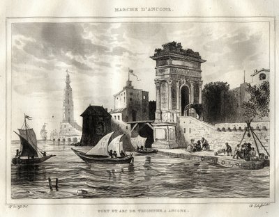 Ancona - Ancona - Itálie - Trajanův oblouk, starořímské dílo připisované Apollodorovi - Oblouk je umístěn v Anconě - Rytina z „“Itálie malebné““ – Historická a popisná malba Itálie“ od M. de Norvinse, Ch. Nodier 1834-1836. od French School