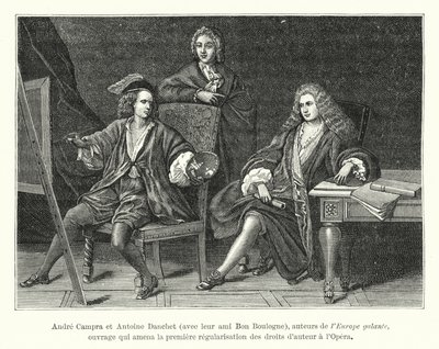 Andre Campra a Antoine Danchet se svým přítelem Bonem Boulognem, autory Europe galante, díla, které vedlo k první regulaci autorských práv v Opeře (rytina) od French School