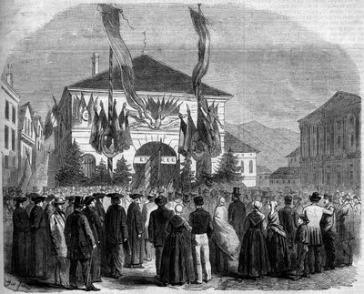 Připojení Savojska k Francii, Chambery, 22. dubna 1860: hlasování obyvatelstva o připojení Savojska k Francii. Rytina v „“ Le Monde Illustré““ č. 160 z 5. května 1860. od French School