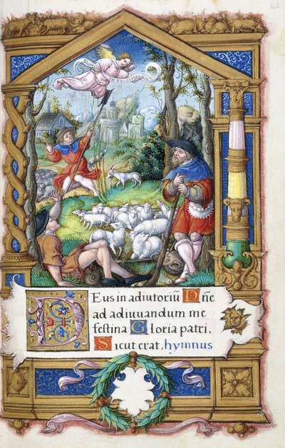 Zvěstování pastýřům z Knihy hodin vytvořené pro Františka I., kolem 1532-1540 od French School