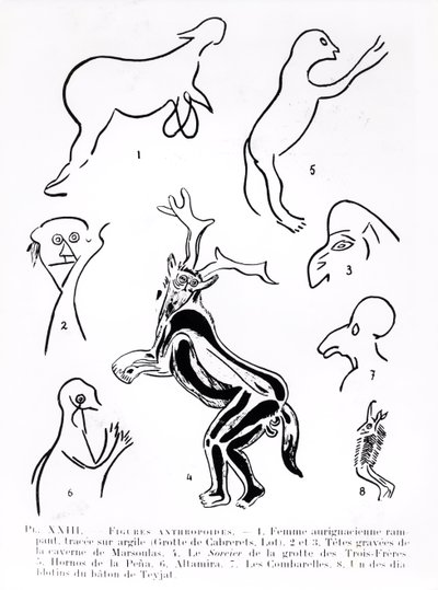 Anthropoidní postavy v prehistorických jeskyních, z Les Artistes Prehistoriques od Morin-Jean, 1933 od French School