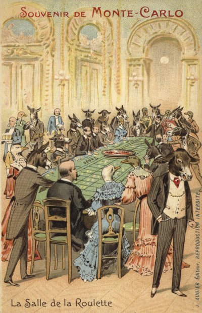Antropomorfní ilustrace bláznovství kasina v Monte Carlu (barevná litografie) od French School