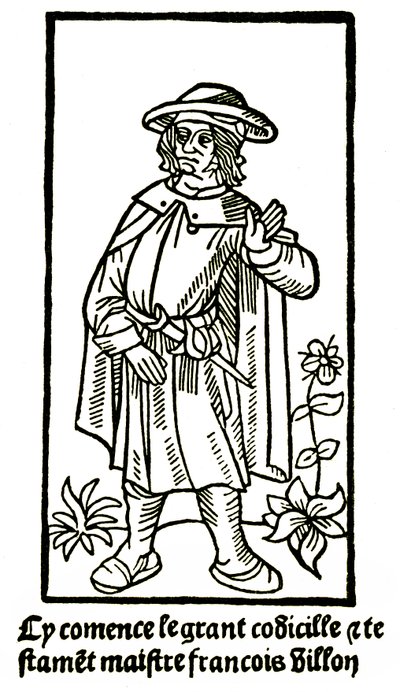 Apokryfní portrét básníka Francoise Villona ve „The Grand Testament“ - „Cy commence le grant codicille & testamet maistre Francois Villon““ (zde začíná velký codicille et testament) vydání P Levet 1489 (dřevořez) od French School