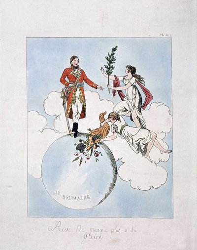 Apoteóza Napoleona-Bonaparta během státního převratu 18. brumaire roku VIII (9.11.1799). (nymfy mu předkládají vavřín a roh hojnosti) od French School
