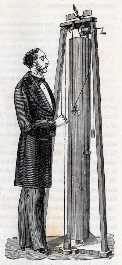 Přístroj od Arthura Julese Morina (1795-1880) přístroj pro studium pádu těl - Rytí do „“ Vědy přivedené do milosti všech – Populární fyzika a chemie““ od Alexise Clerca – Konec 19. století – Soukromá sbírka od French School