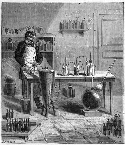 Přístroj Eugena SOUBEIRANA (1797-1858) na přípravu jedlé sody - Rytí do „“ Vědy přinesené do milosti všech – Populární fyzika a chemie““ od Alexise Clerca – Konec 19. století – Soukromá sbírka od French School