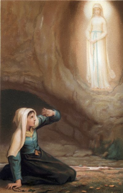 Zjevení Panny Marie Bernadette Soubirous (1844-1879) v jeskyni Lurdy, Hautes Pyrenees (65) od French School