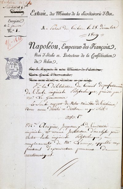 Jmenování Napoleonem z André Marie Ampère inspektorem Polytechniky - Povinná zmínka: Archiv Bible. z Ecole Polytechnique od French School