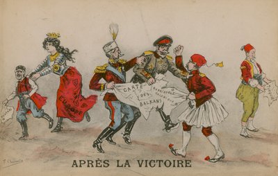 Apres La Victoire, politická karikatura o Balkánu. Pohlednice odeslána 14. června 1913. od French School
