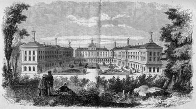 Architektura: celkový pohled na vojenskou nemocnici ve Vincennes (1858). Rytina v „“ Le Monde Illustré““ č. 61 z 12. června 1858. od French School