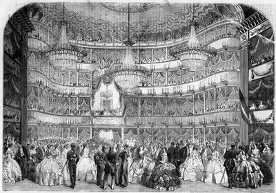 Architektura: vnitřní pohled na Královské divadlo (19. století) v Nice (Alpes Maritimes, 06), v roce 1858, během charitativního plesu pořádaného Societe francaise d