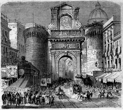 Architektura: pohled na Porta Capuana (Porta Capuana) (1484) v Neapoli, při vstupu vojsk expedice Tisíce nebo červených košil Garibaldiho v roce 1860. Rytina „“ Le Monde Illustré“ n°180 ze dne 22. září 1860. od French School